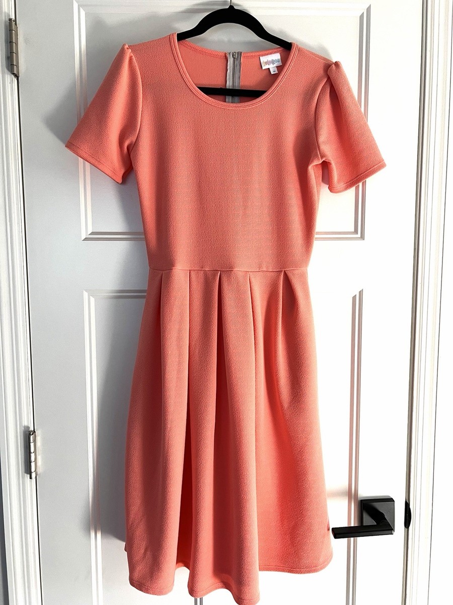 lularoe fit and flare dress LuLaRoe Pink Solid Fit & Flare Dress M, Pleated Zip, Knee Length, Short  Sleeve
