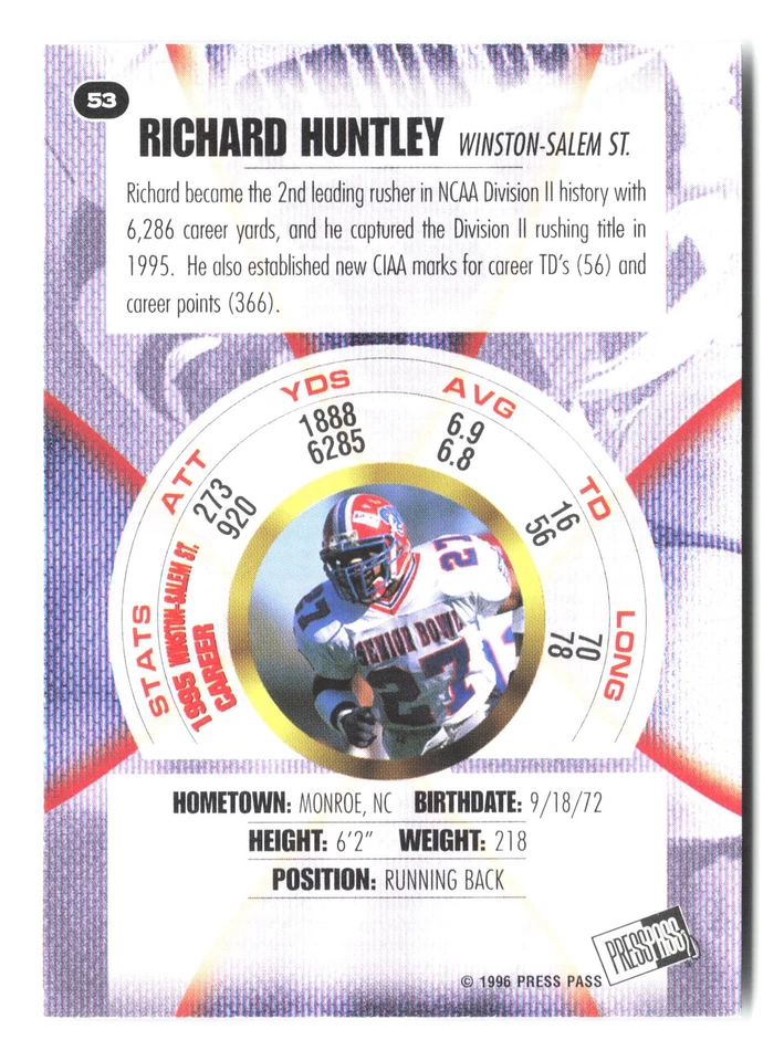 1996 Press Pass #53 Richard Huntley - Image 2 of 2