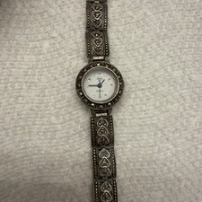 Vintage925 Silver Tone Marcasite Style Ladies Bracelet Watch Japan Quartz Ornate
