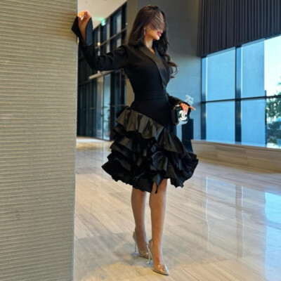 Customed Party Dresses V Neck Long Sleeves Tiered Ruffles Prom Gowns Knee  Length | eBay