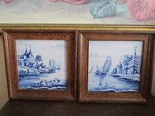 Pair Framed Antique Delft Holland Hand Painted Wall Plaque Tile Blue Scenic