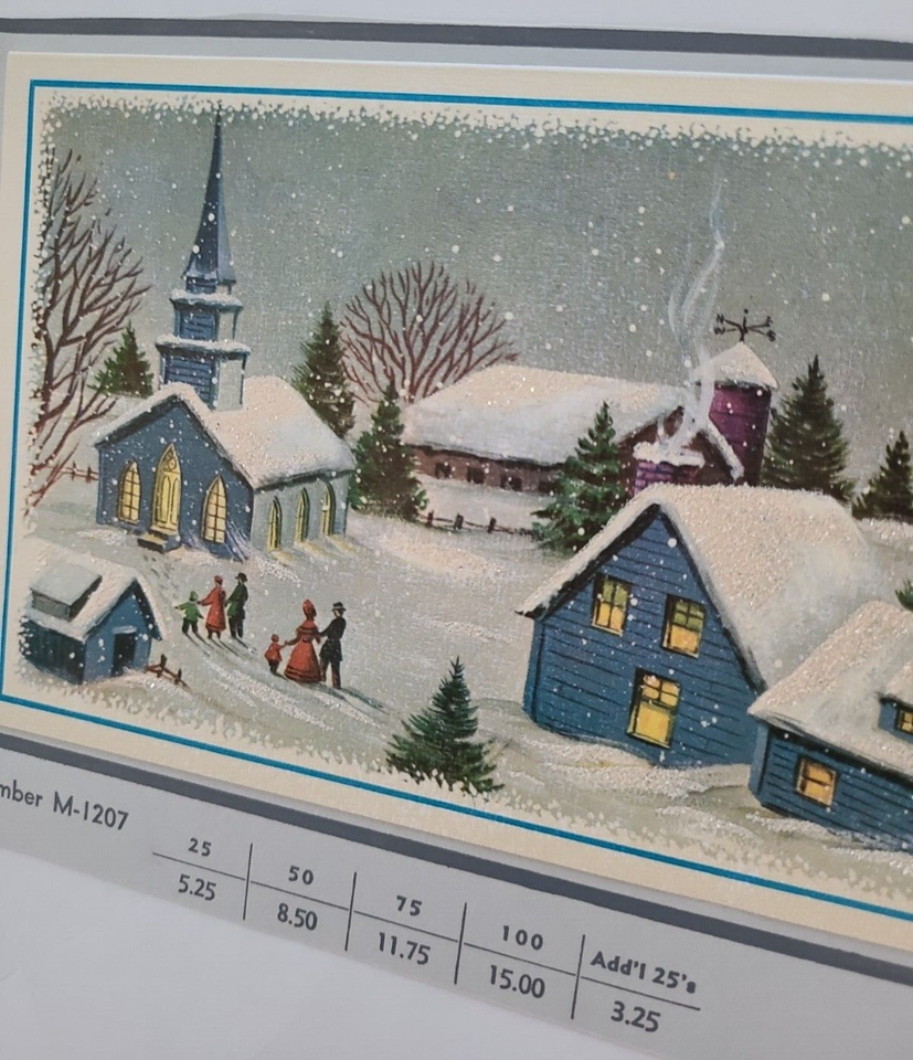 1950s Vtg GLITTER WHITE CHRISTMAS Houses Church SPARKLE w SNOW Sample