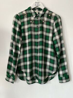 H&M Green Plaid Shirt Beaded Beatles Size UK 34 EUR