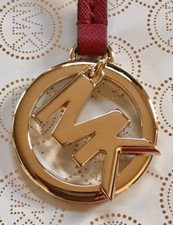 Michael Kors MK Logo Gold Charm / Scarlet Red Saffiano Leather Strap Handbag Fob