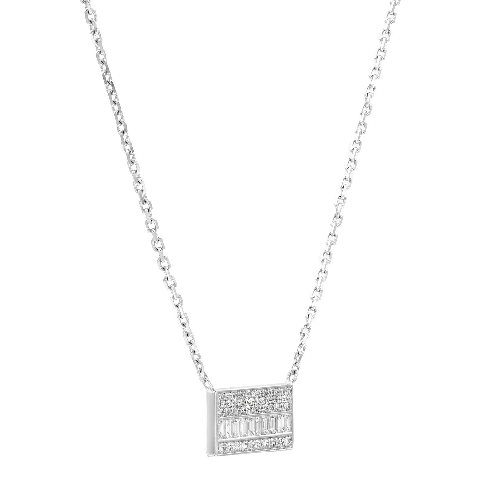 An image of a women's Messika necklace with diamonds, featuring a rectangular pendant with multiple rows of sparkling diamonds, centered and captured from a front-facing angle against a white background. The chain is displayed with a slight curve, suggesting a mid-distance perspective.