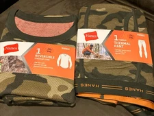NEW 2XL Hanes Men's Reversible Thermal Crew Shirt & Pants Set Base Layer Camo