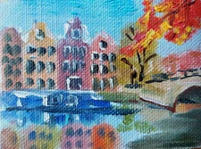 ACEO ORIGINAL oil painting - Amsterdam autunm ladscape - 2.5x3.5 in MK