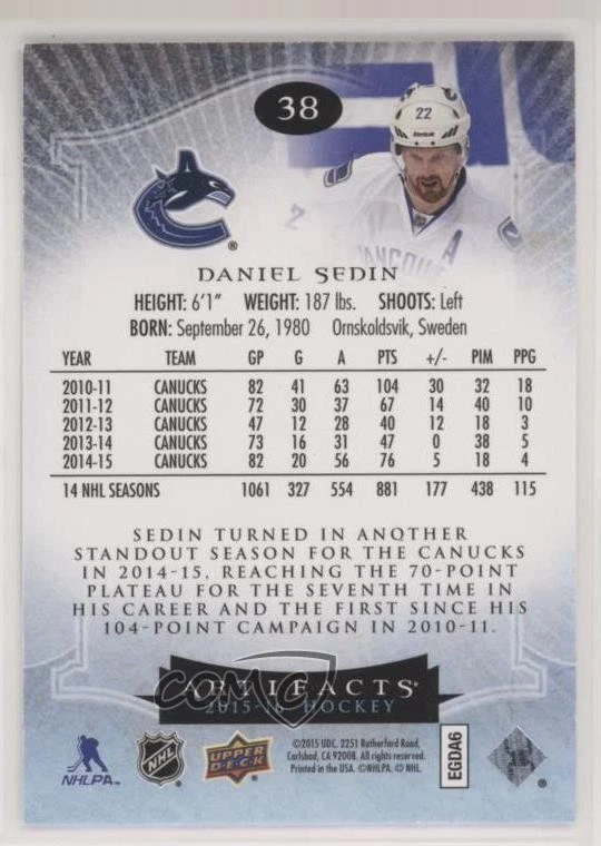 2015-16 Upper Deck Artifacts Gold Spectrum /25 Daniel Sedin #38 HOF - Image 2 of 2