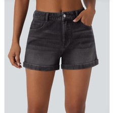 Halara Flex Mid Rise Zipper Pockets Denim Casual Shorts 3'' Black Size L