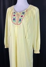 Vintage Set M Yellow Embroidered Nylon Peignoir Robe Long Nightgown Set 60s 70s