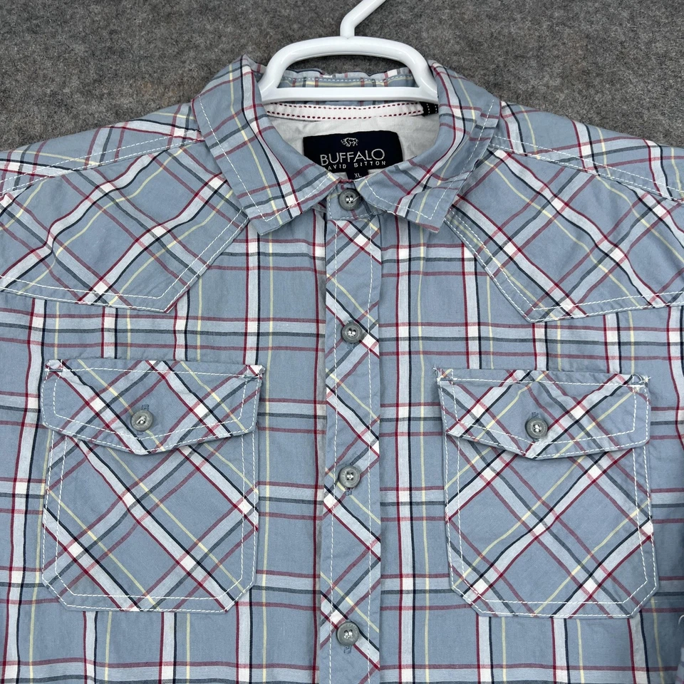 Camisa Buffalo David Bitton Para Hombres XL Azul Rojo Cuadros Western Abotonada Manga Larga Foto 2 de 4