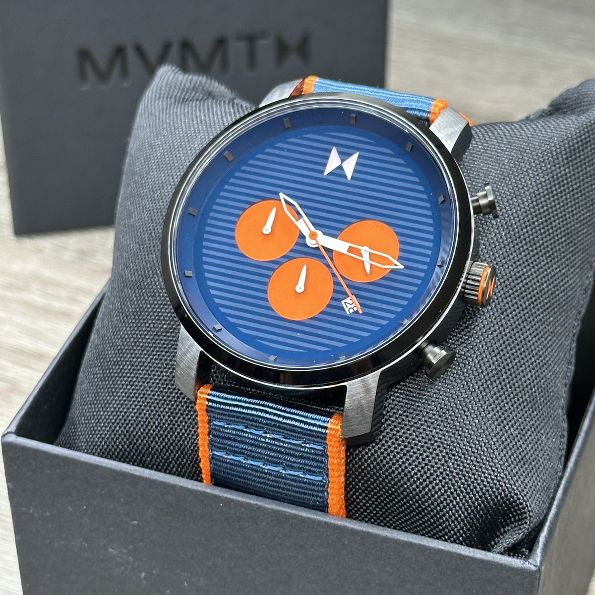 NEW✓ MVMT Chrono Blue Date Dial Blue/Orange Nylon Men Minimalist