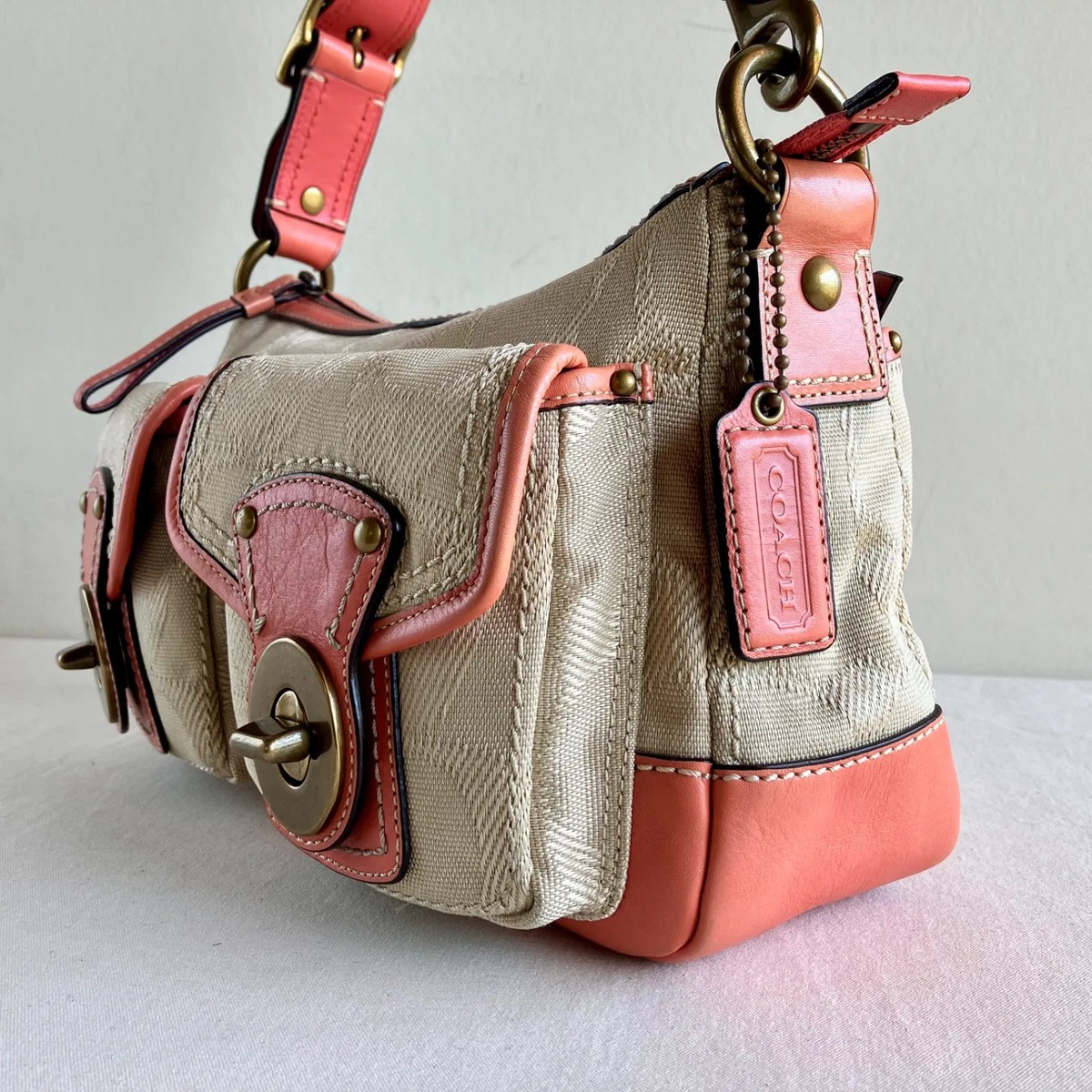 Coach y2k Legacy Pink Leather Canvas Double Turn lock Shoulder Bag