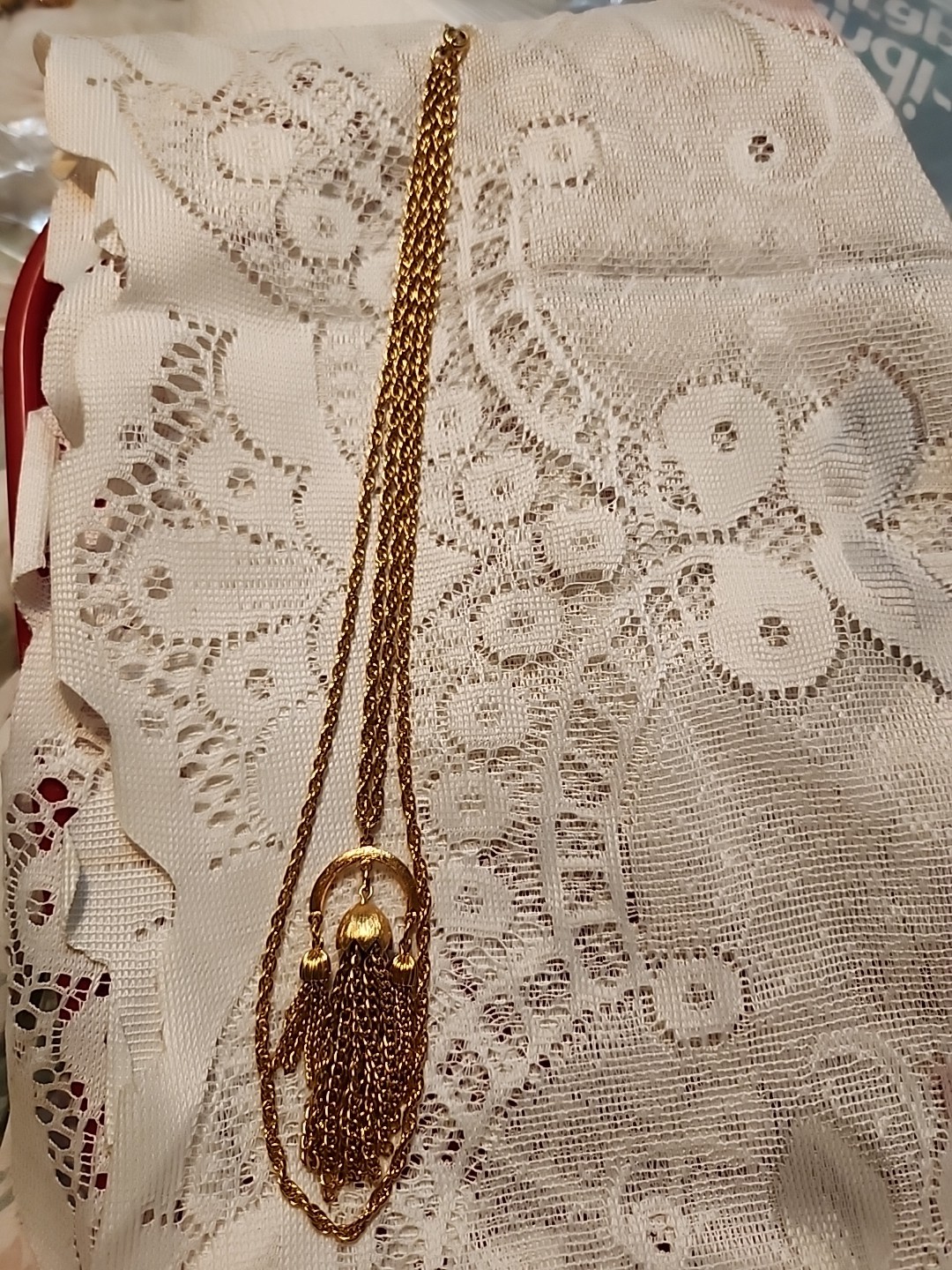 Vintage Trifari Gold Tone Triple Tassel Double Layer Pendant Necklace