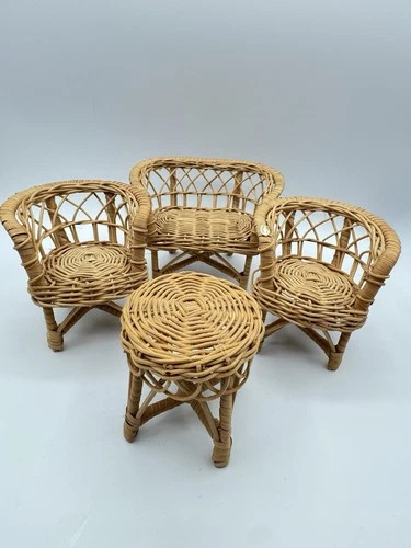 Vintage Doll Barbie Size Wicker Rattan Patio Furniture Set 4 Piece Lot