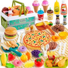 78Pc Pretend Play Food for Kitchen, Cutting Food with Storage Basket, Play Ki...