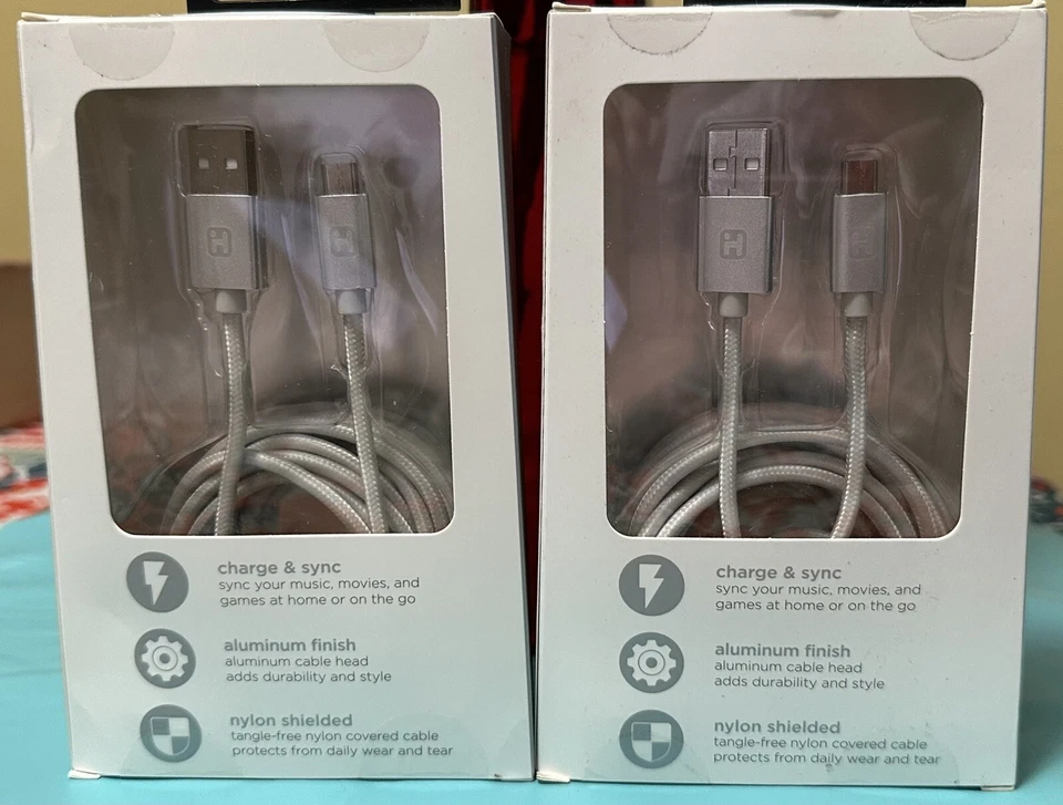 2-PK iHome Nylon, Aluminum Charge & Sync Micro-USB 10ft Gray Cable, New Sealed - Image 2 of 3