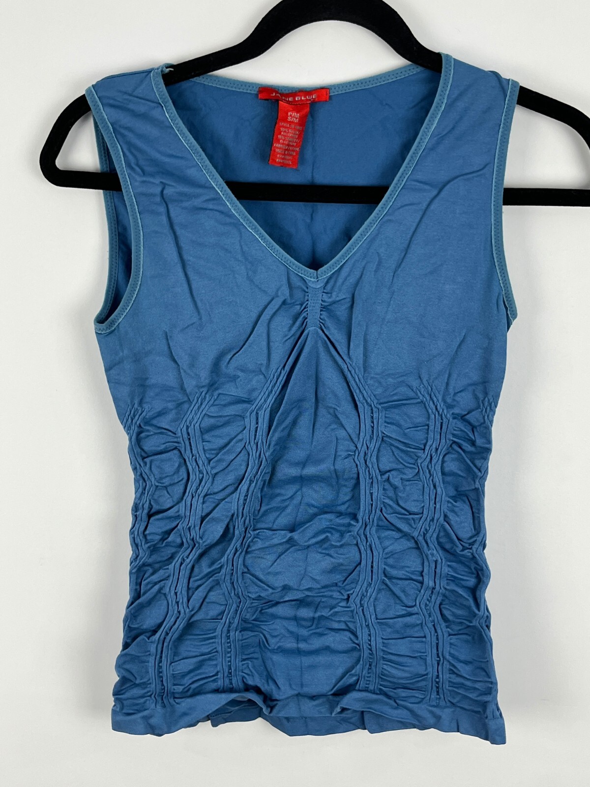 Jane Blue S/M Nylon Stretch V-Neck Pleated Sleeveless Camisole Top