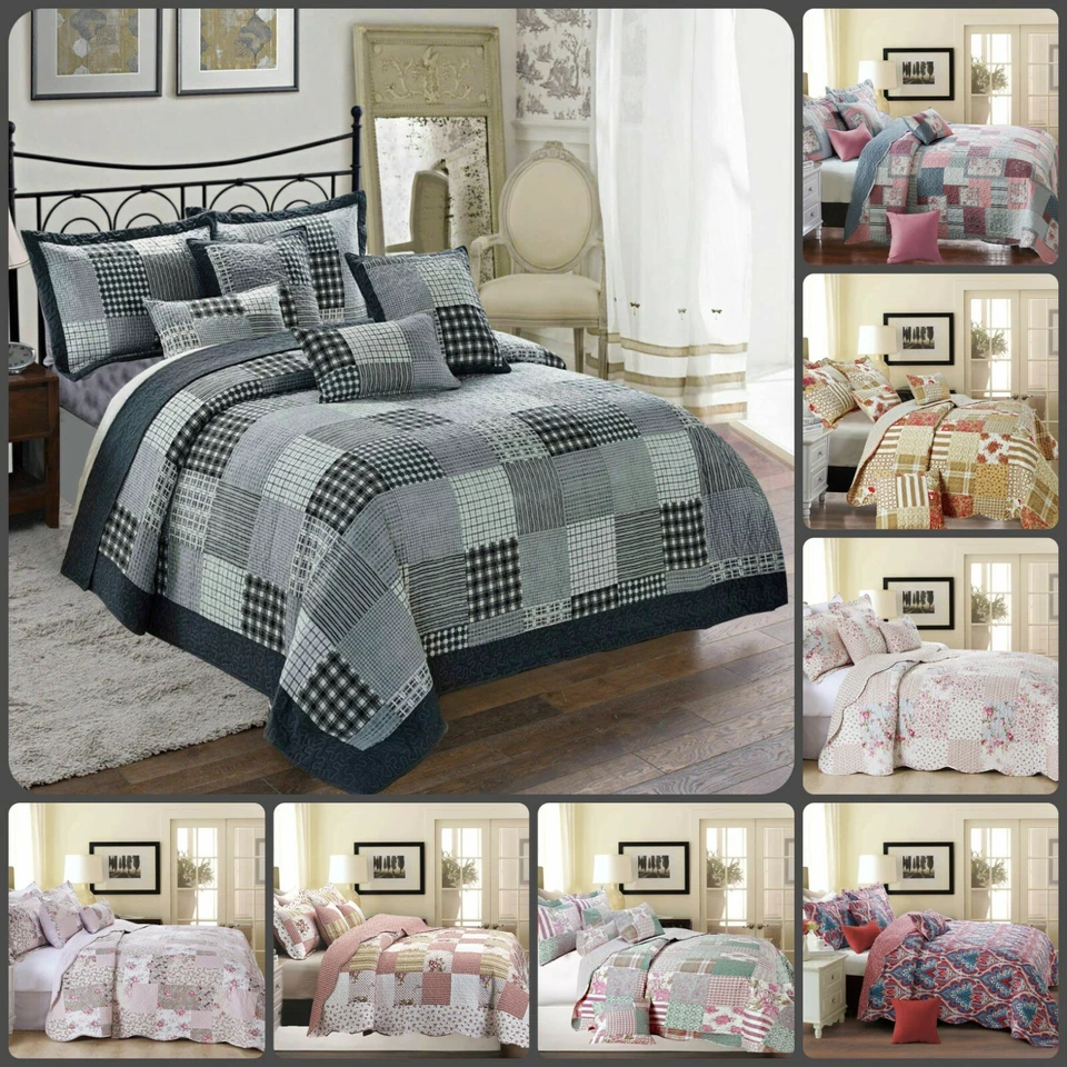3Pcs Printed Patchwork Quilted Bedspread with Pillow Shams Bedding Set All Size
