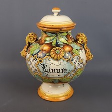 Vaso Da Farmacia Maiolica Linum Manici A Testa Leone Dipinto A Mano XX Sec.