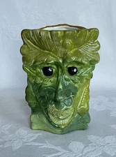Art Pottery Green Man Planter Vase Woodland Foliate Head 3D Relief Signed