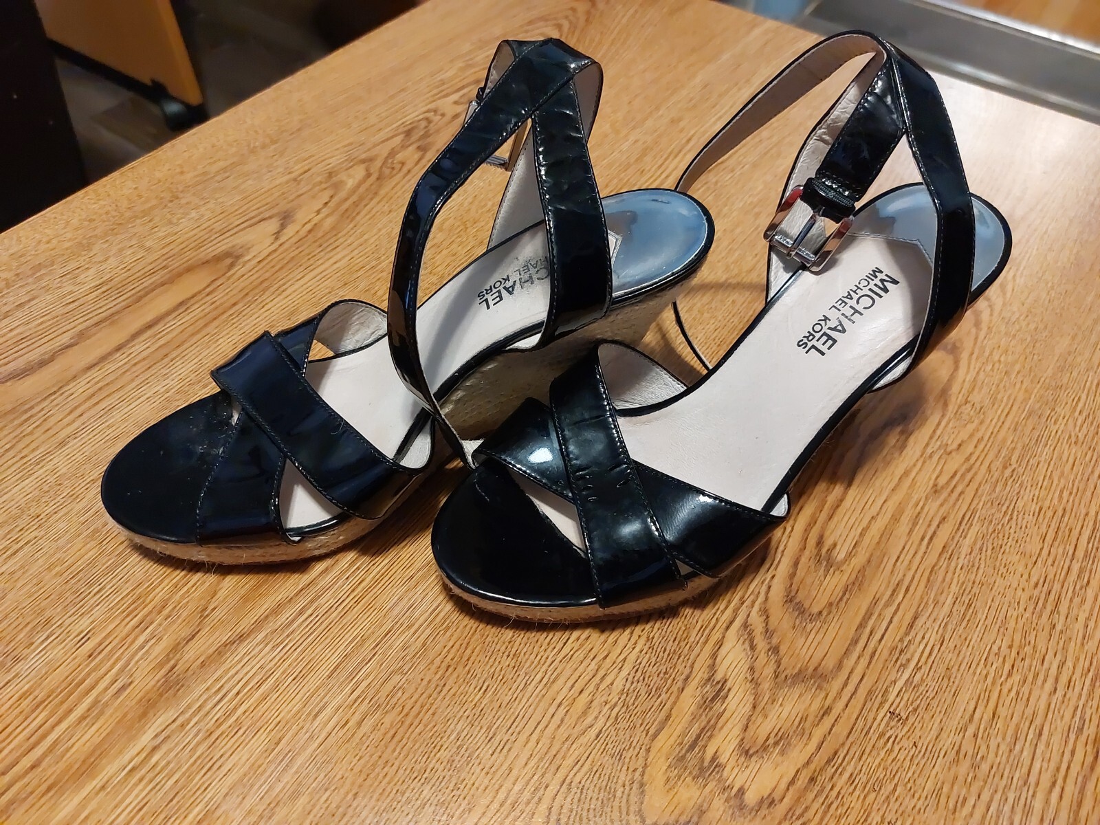 Michael Michael Kors Kami Ankle Strap Wedge Sandal Leather Espadrille Black  7.5 | eBay