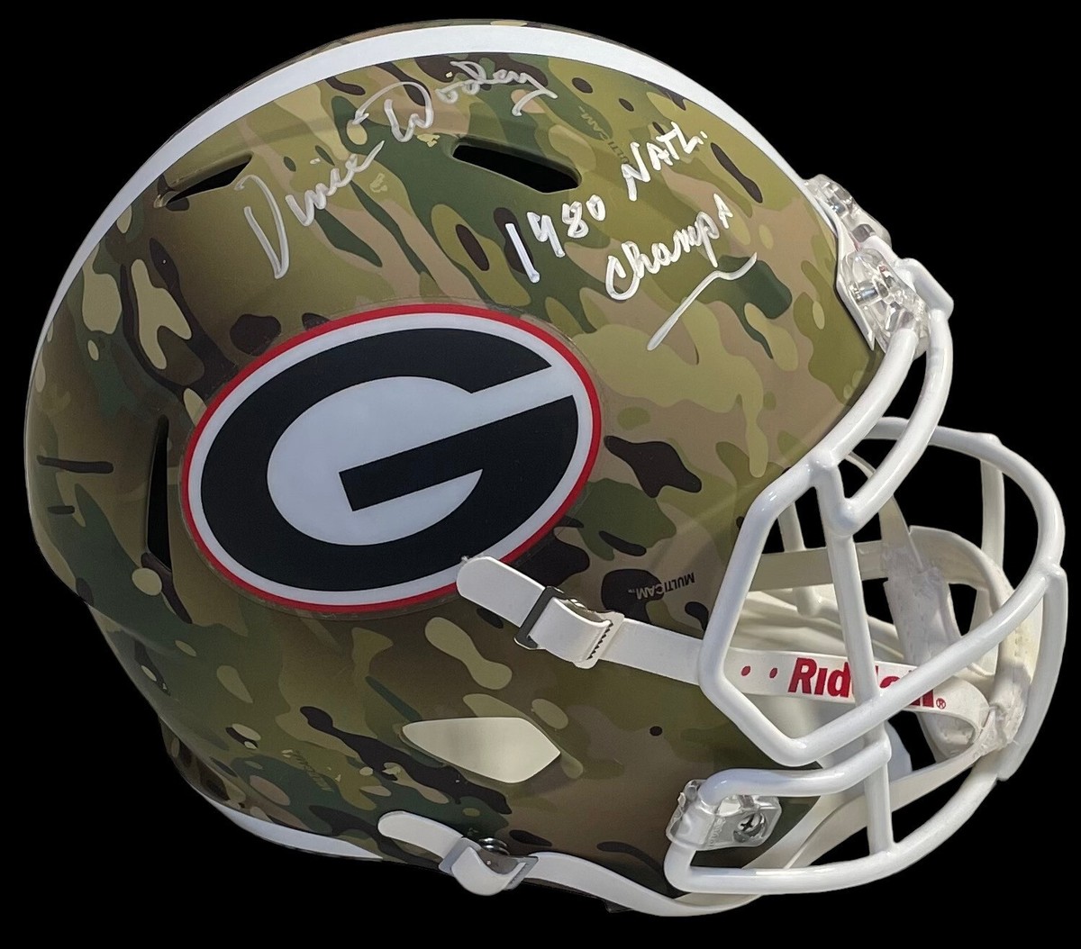 VINCE DOOLEY SIGNED 1980 CHAMPS GEORGIA BULLDOGS CAMO FULL SIZE HELMET  BECKETT
