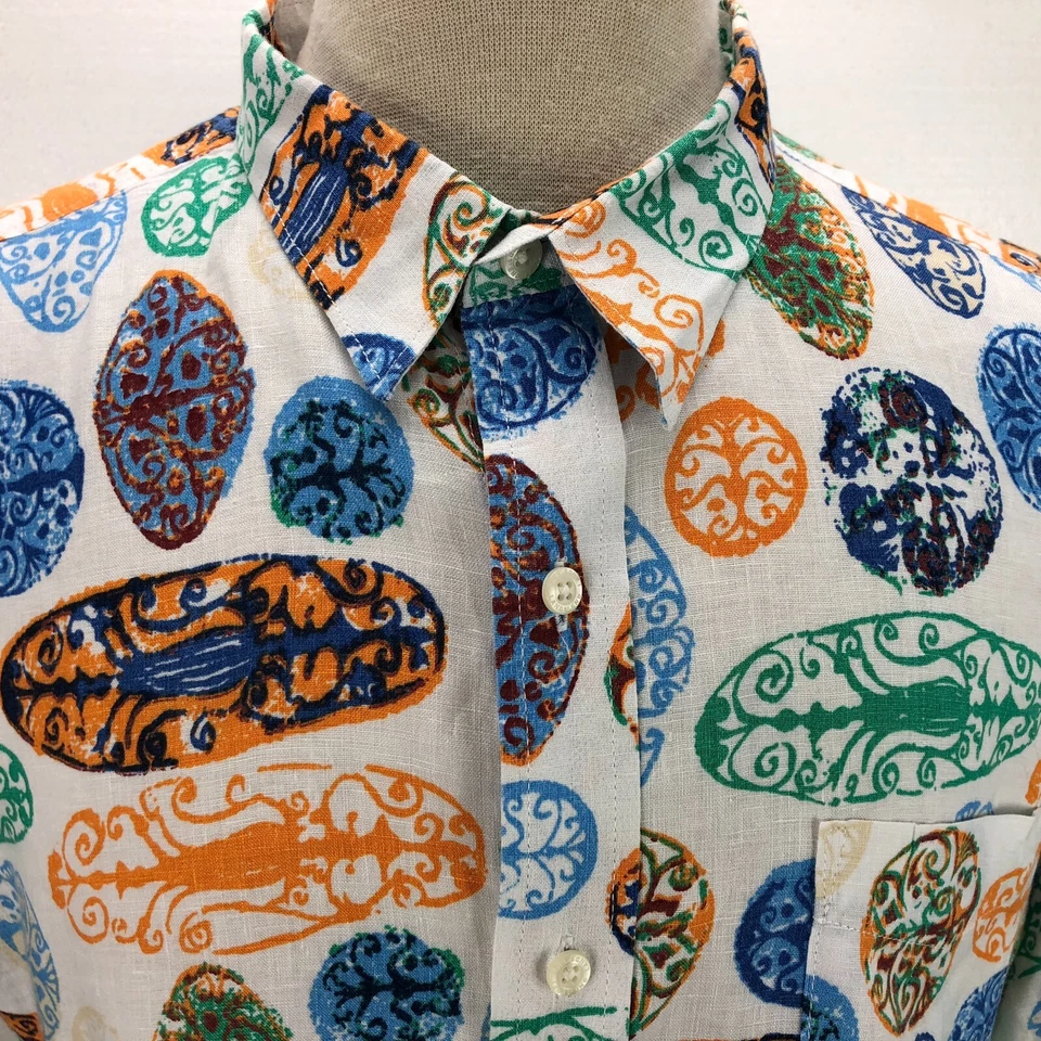 Lands End XL Multicolor Floral Linen Button-Up Short Sleeve Casual Men's Shirt - Image 2 of 4