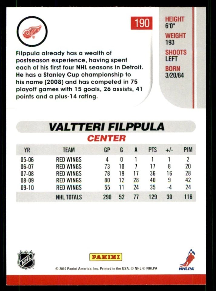 2010-11 Score Valtteri Filppula #190 - Image 2 of 2