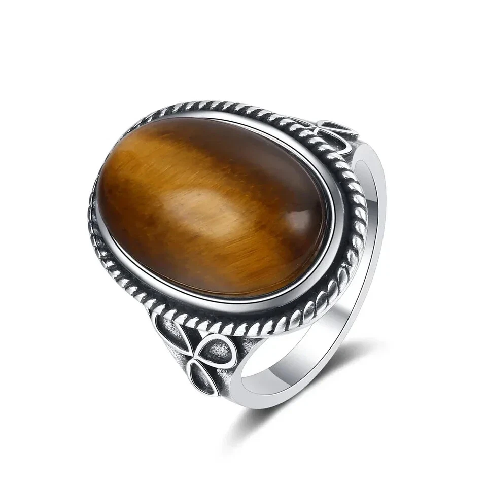Anillo ojo de tigre para mujer diseño piedra ovalada joyería vintage tono plata Foto 2 de 4
