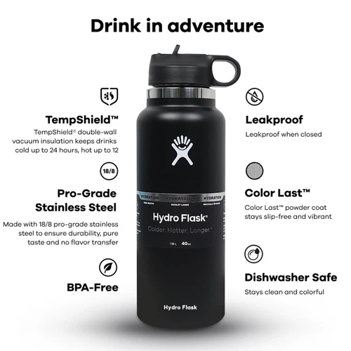 Hydro Flask 40 oz bottiglia d'acqua in acciaio inox a bocca larga isolata sottovuoto - Foto 7 di 14