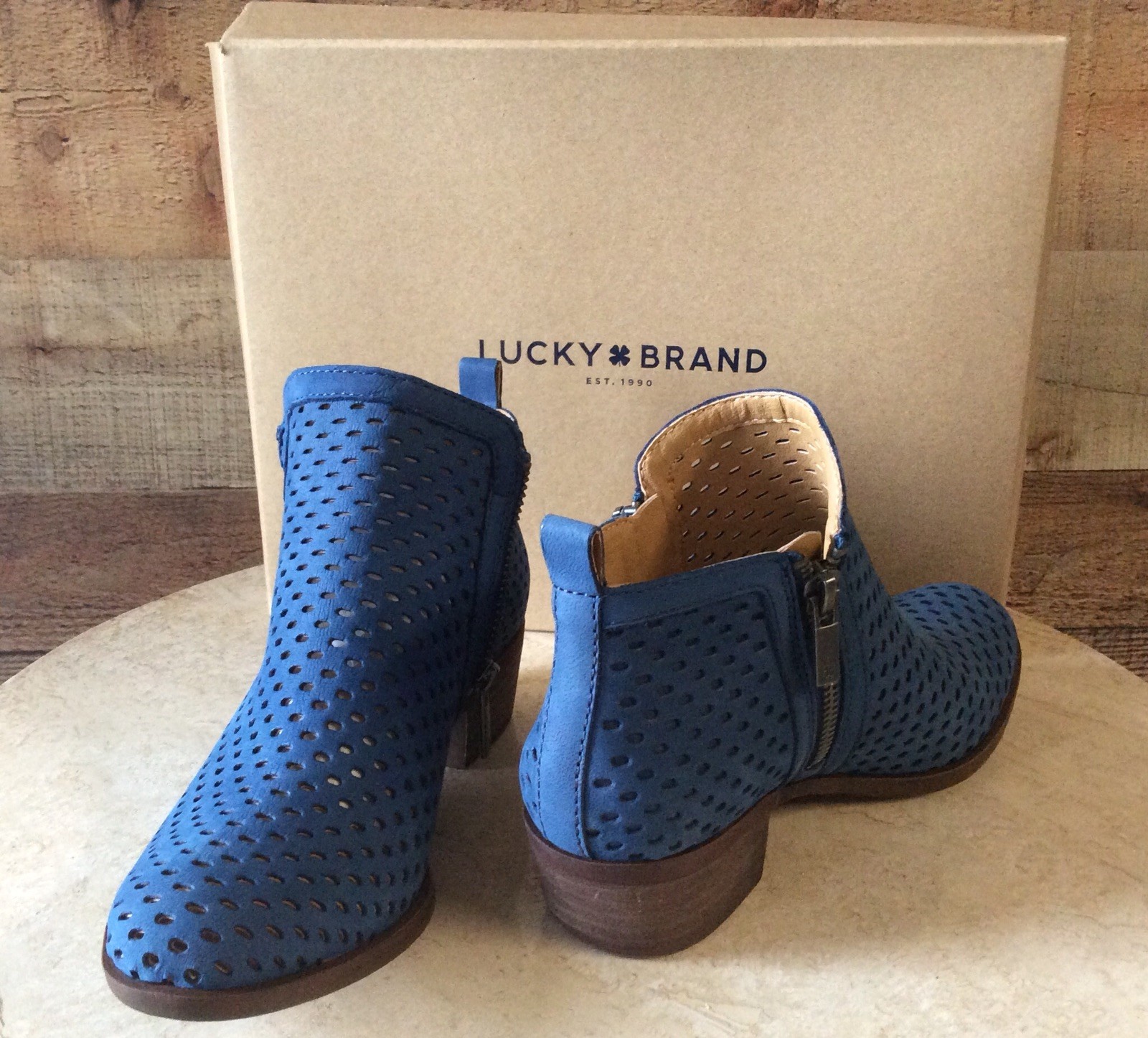 lucky brand basel smooth leather zip block heel booties