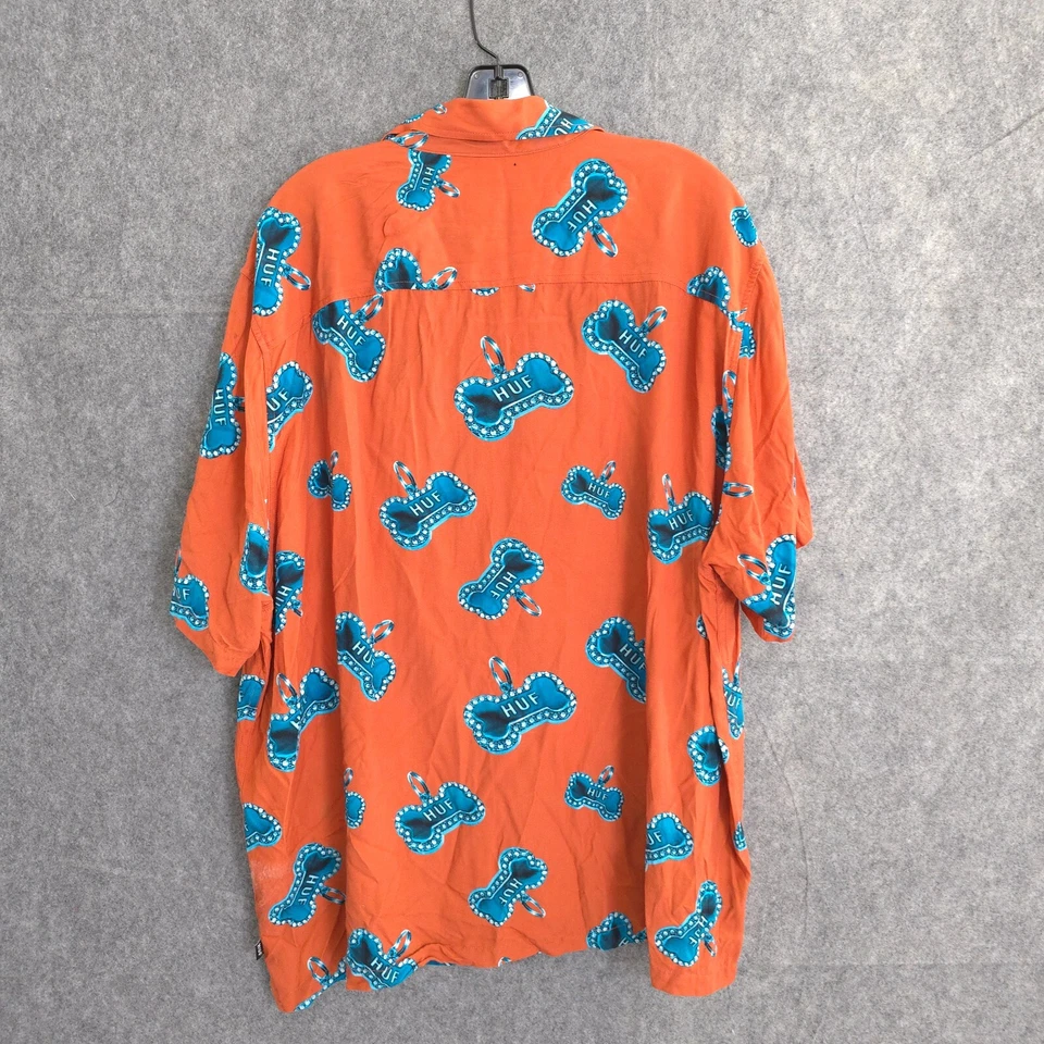 Camisa HUF Camp Cuello Abotonada Manga Corta Resort Patinador Para Hombre XL Perro Naranja Foto 4 de 4
