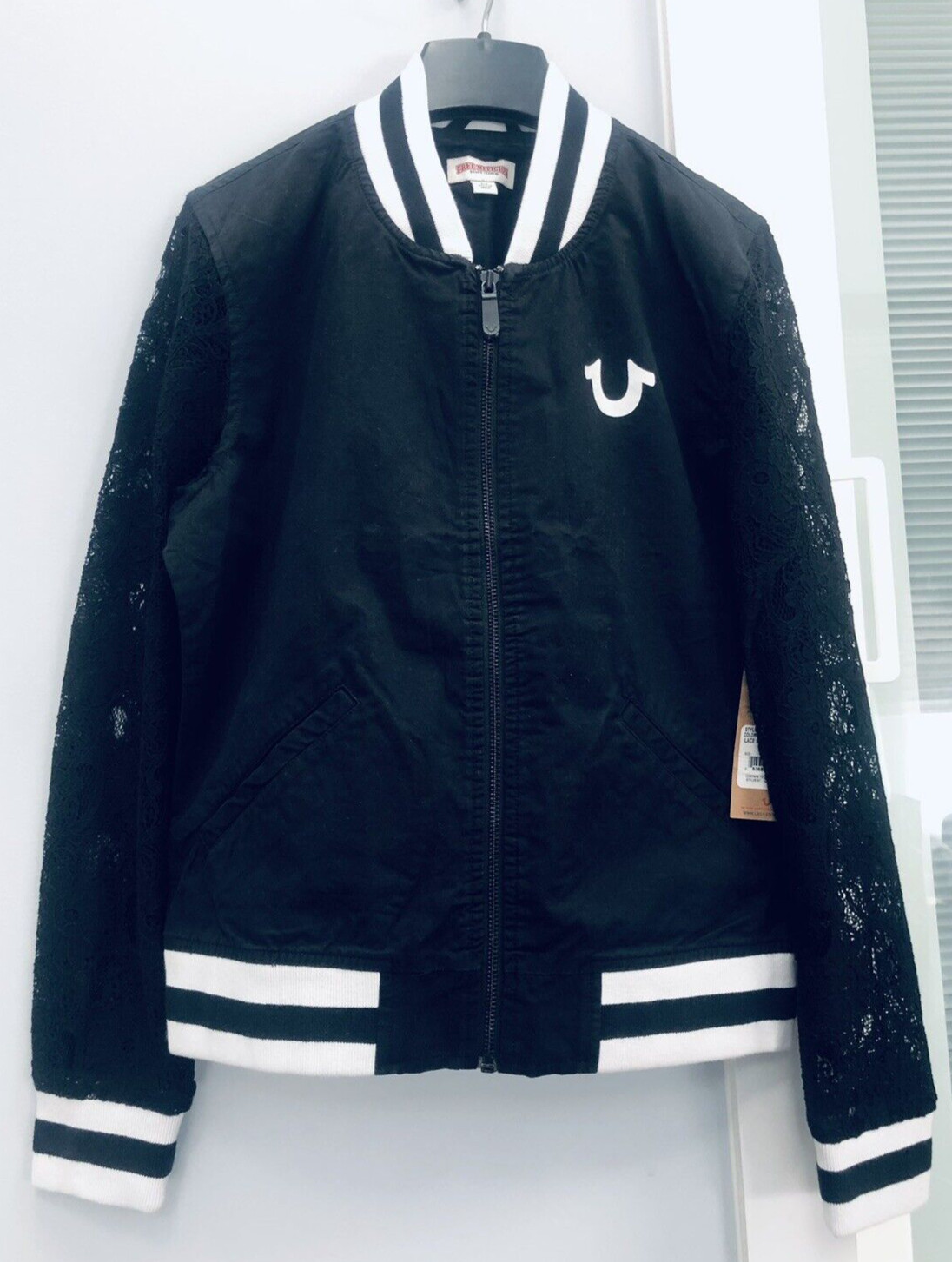 TRUE RELIGION Discontinued Lace Sleeve Black Bomber Jacket World Tour Varsity *S image 4