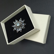 Vintage Silver Tone Aquamarine Blue Rhinestone Flower Starburst Brooch Pin 1.6"