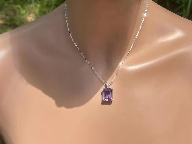 8x10mm Alexandrite Heart Cut Necklace in 14K White Gold Finish June Birthstone - Image 4 of 4