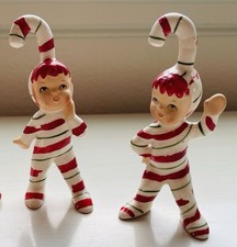 2 Vintage 1950s Candy Cane Christmas Elf Figurines signed Geo Z Lefton Japan