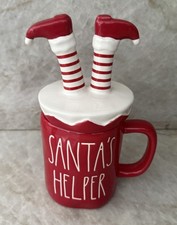 Rae Dunn by Magenta Santa’s Helper Mug with Topper Elf Feet Ceramic Coffee Red