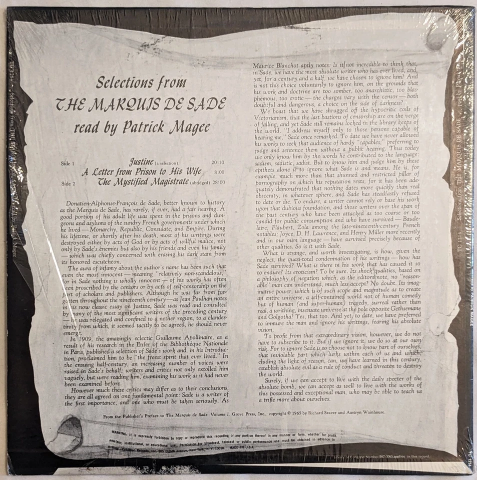 Patrick Magee SELECTIONS FROM THE MARQUIS DE SADE Caedmon TC 1214 lp SHRINK - Image 2 of 4