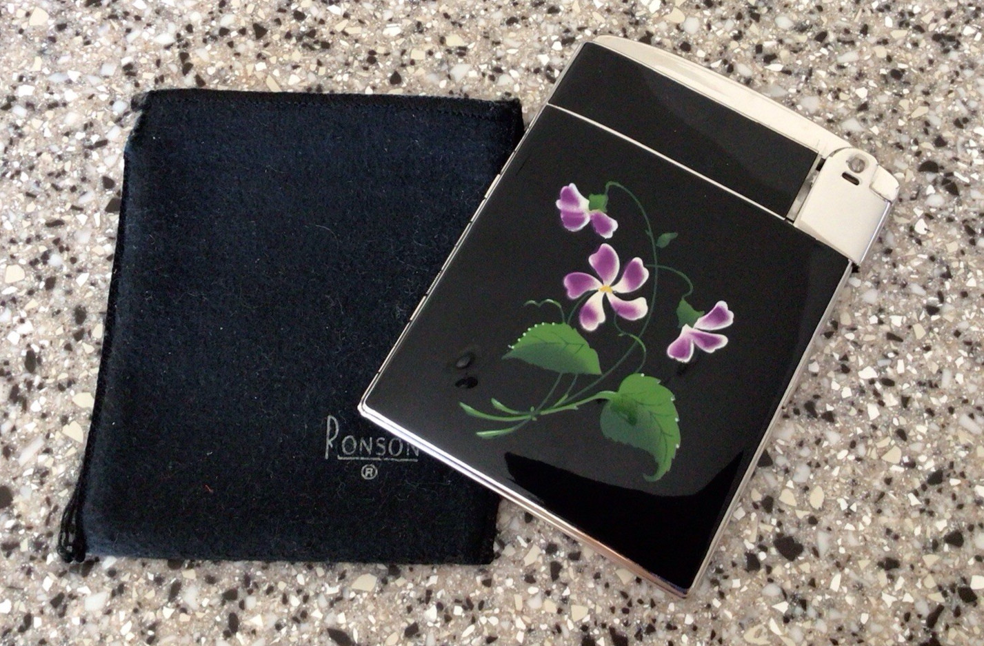 Cigarette Case Combo Black Purple Flower Enamel Chrome