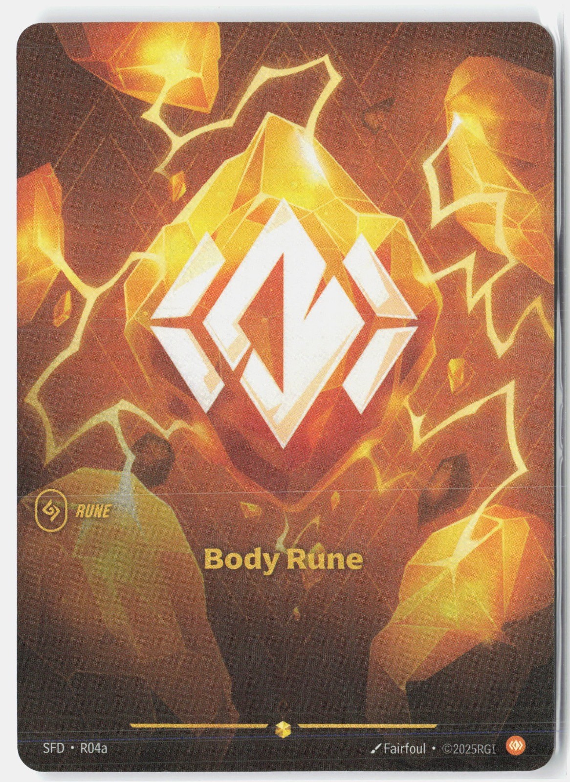Foil light playing card “Body Rune” R04a with angular lightning bolt design and three yellow-orange rune stones.