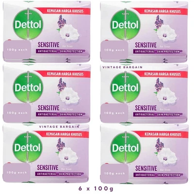 6 × 100g Dettol Antibacterial Sensitive Dry Skin Soap Bar protection Original