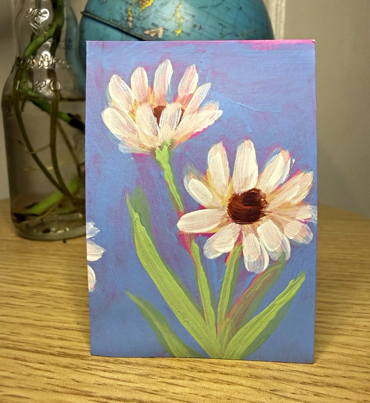 Contemporary Floral Painting, Daisies on Blue ACEO hand painted original