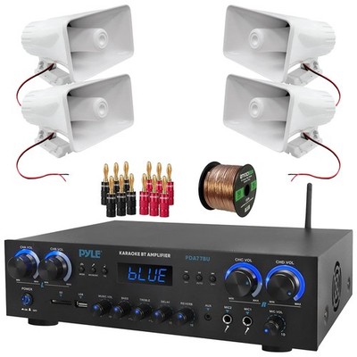 Pyle PDA77BU Compact Audio Receiver, 4x 8'' 65W PA Horn Speakers, Banana Plugs