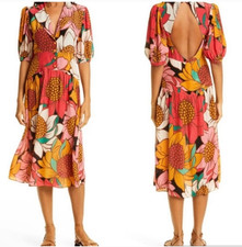 Farm Rio Size S Vibrant Sunflower Print Midi Dress Collared V-Neck Puff Sleeves