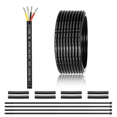 25FT 22 Gauge 4 Core Cable, PVC Insulated Low Voltage, Black