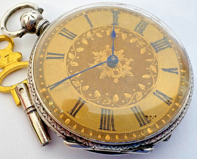 ANTIQUE 1870 VICTORIAN SILVER POCKET WATCH WITH GUILLOCHE HAND ENGRAVED DIAL