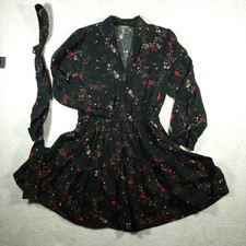 Lilla P Floral V-Neck Mini Dress Black Red Long Sleeve Tiered Belted Size M