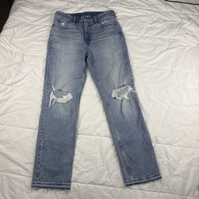 GAP Cheeky Straight High Rise Jeans Womens SZ 29L Med Wash Raw Hem Distressed