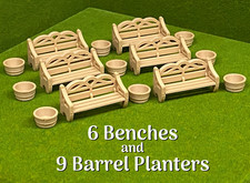 O Scale Park Benches  Barrel Planters   15-Piece Set   1:48   Fully Assembled
